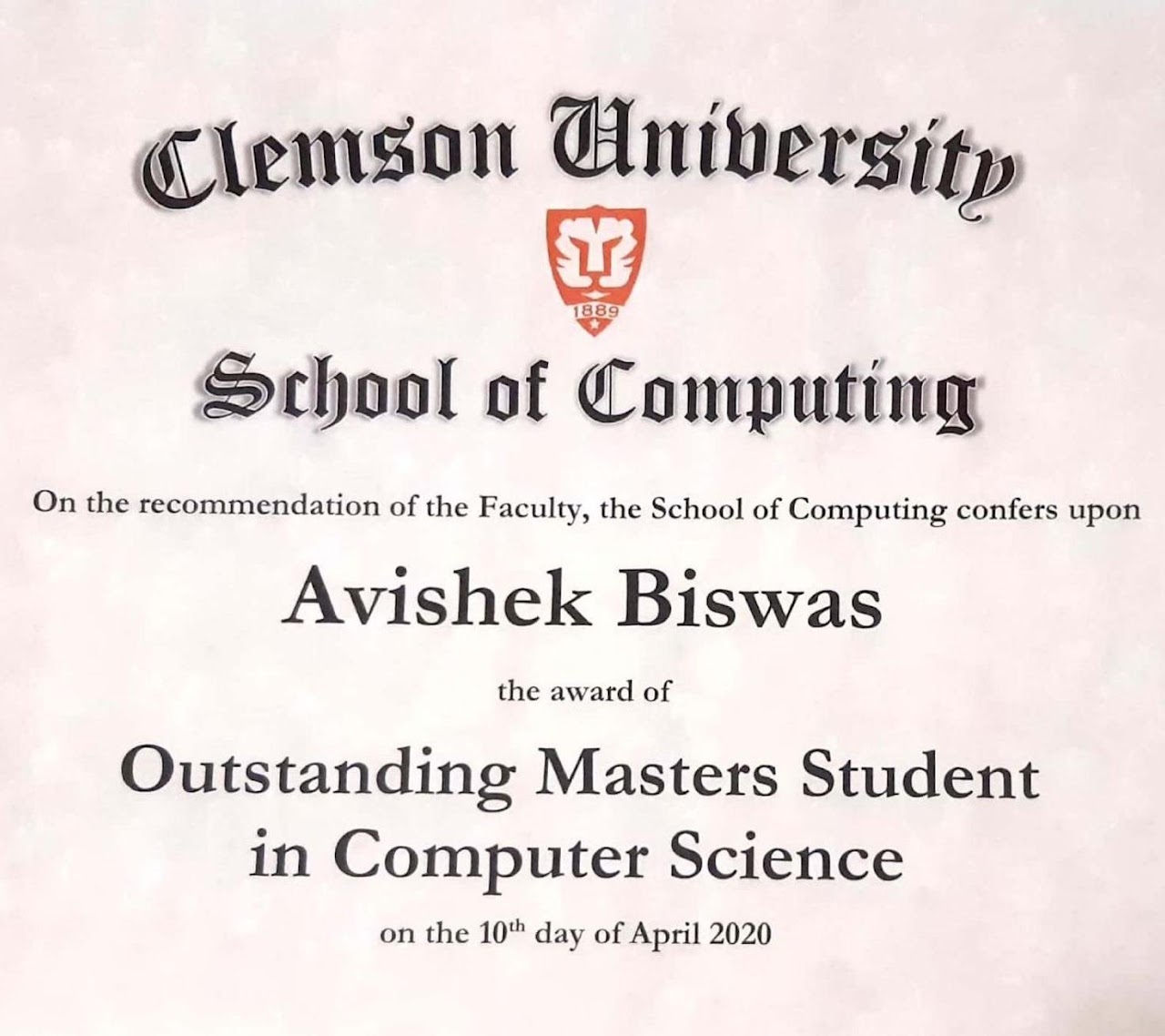 Outstanding Master Student in Computer Science award proof
